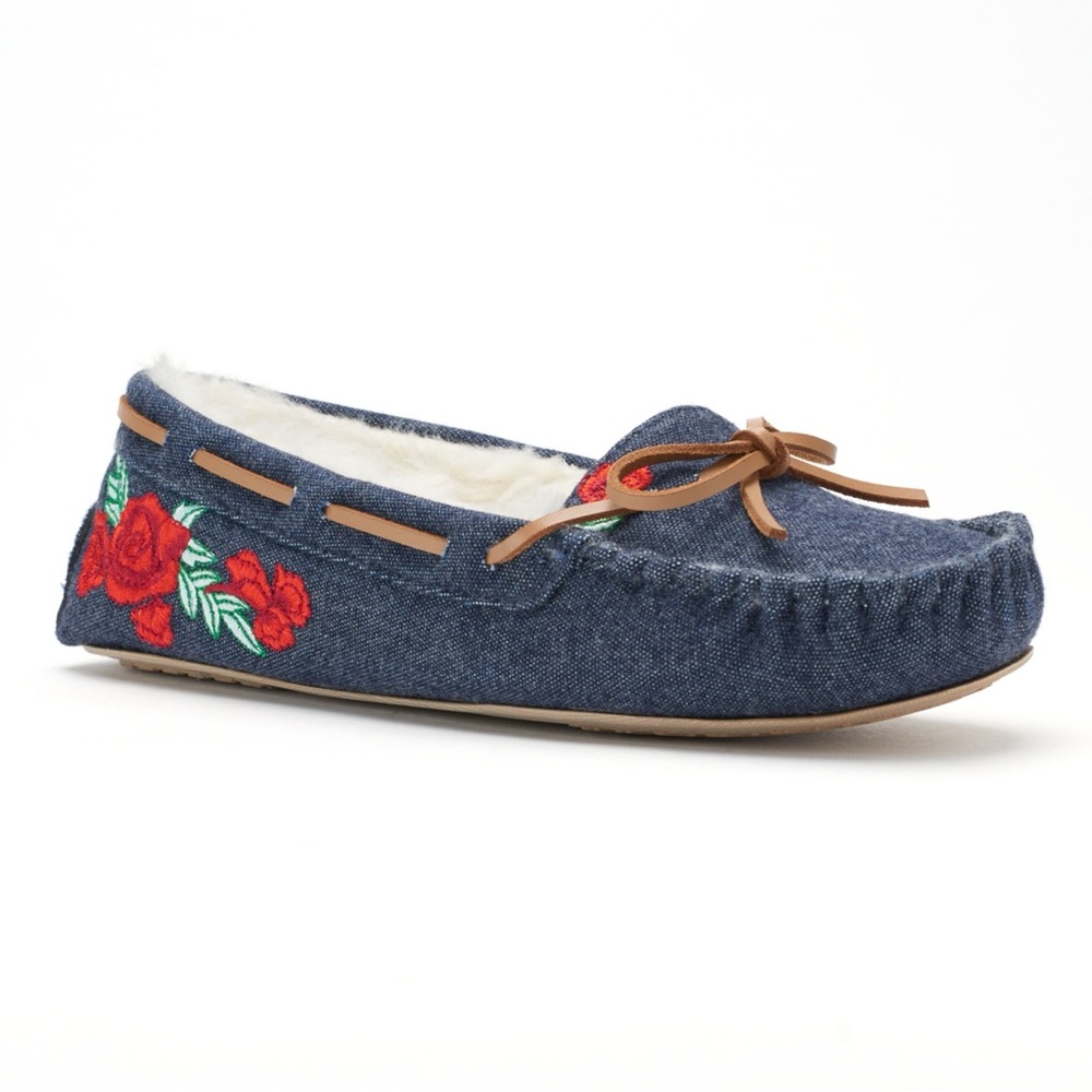 SO Women's Embroidered Rose Denim Moccasin Slippers